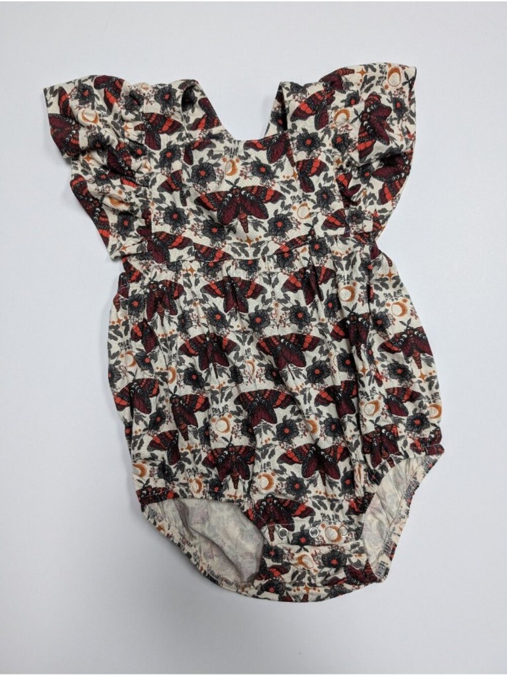 Kate Quinn Bamboo Dark Butterfly Night Ruffle Strap Bubble 12-18 Baby Romper